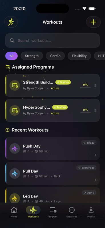 The Wrkout app on iPhone: the Workouts screen showing the programs their trainer assigned, with recent sessions below.