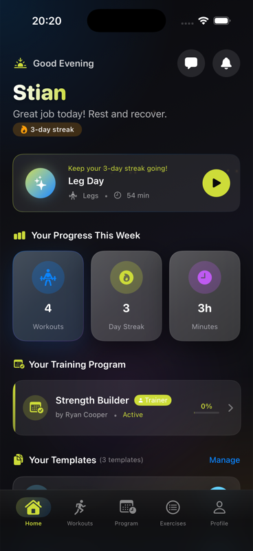 Wrkout client iOS app home screen showing daily workout and progress