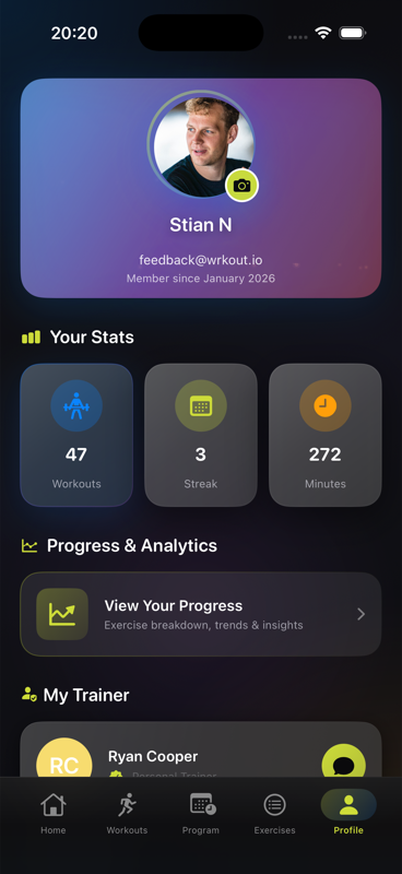 Client profile screen showing stats and connected trainer
