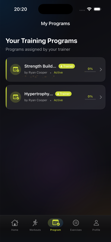 My Programs screen showing programs assigned by a personal trainer