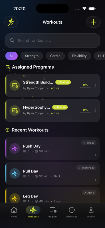 Workouts screen with assigned programs and recent sessions