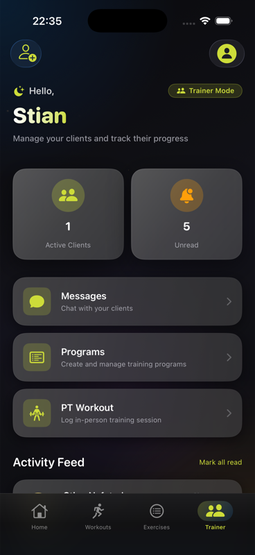 Wrkout iOS Trainer Mode showing active clients, messages, programs, and activity feed